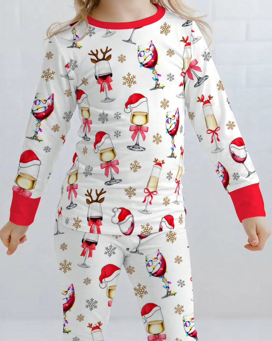 Festive Christmas Wine Glasses Bamboo Two Piece Long Sleeve Pajama Set