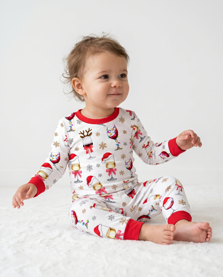 Festive Christmas Wine Glasses Bamboo Two Piece Long Sleeve Pajama Set
