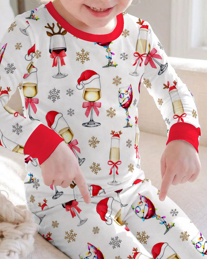 Festive Christmas Wine Glasses Bamboo Two Piece Long Sleeve Pajama Set