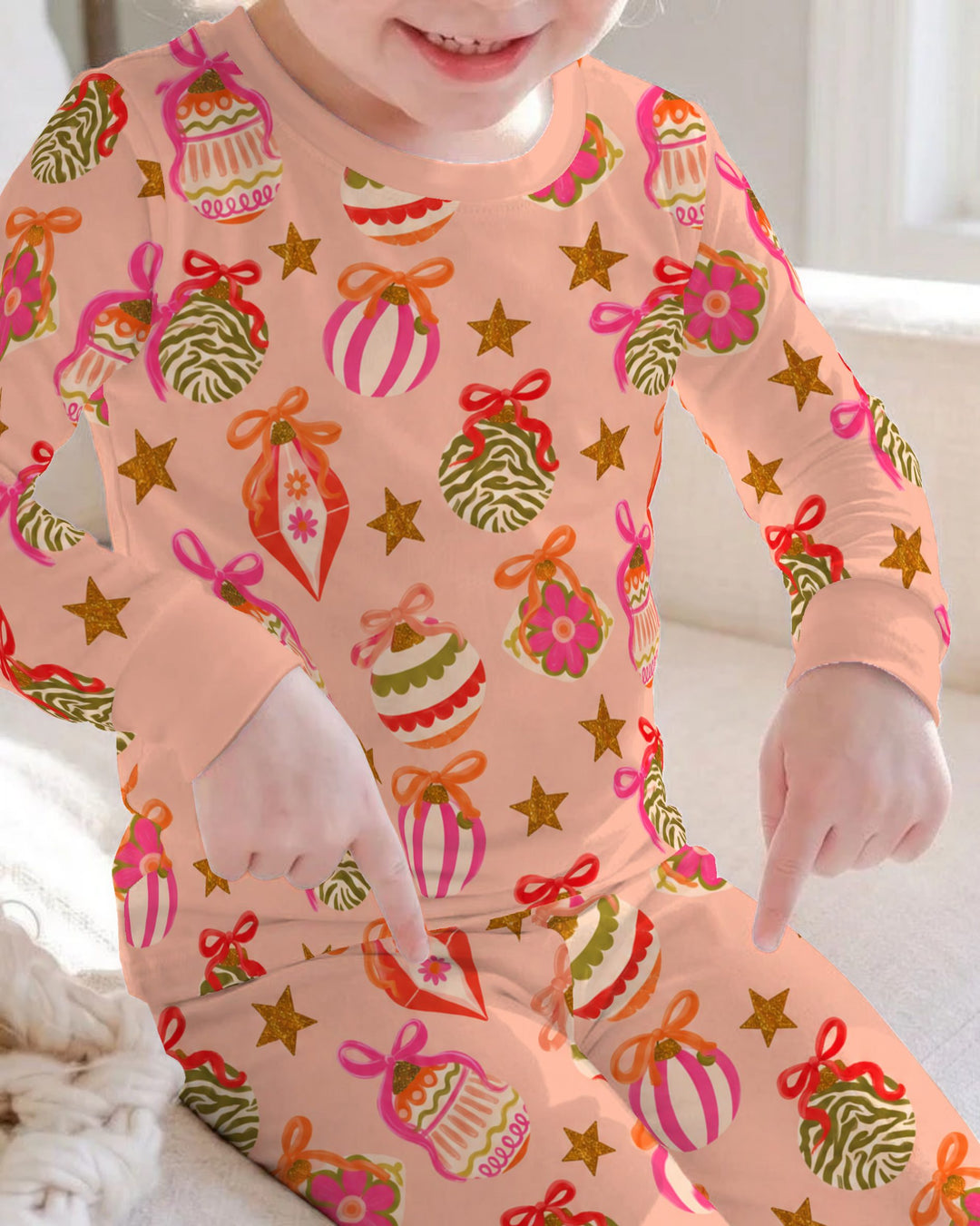 Retro Pink Christmas Ornaments Bamboo Two Piece Long Sleeve Pajama Set
