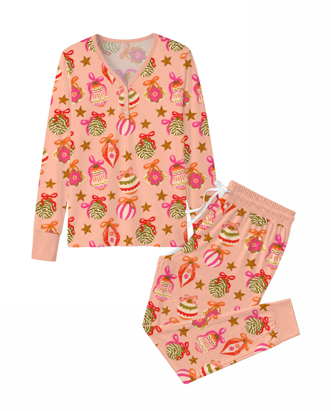 Retro Pink Christmas Ornaments Bamboo Women Pajama Set