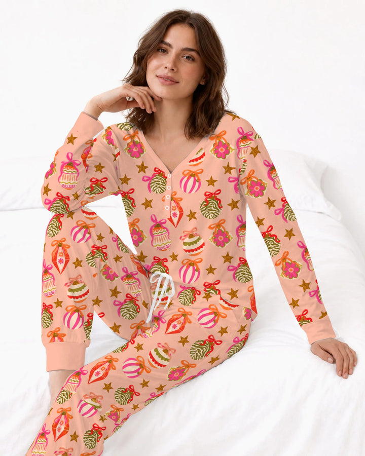 Retro Pink Christmas Ornaments Bamboo Women Pajama Set