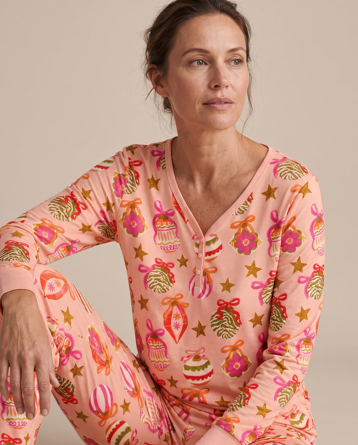 Retro Pink Christmas Ornaments Bamboo Women Pajama Set