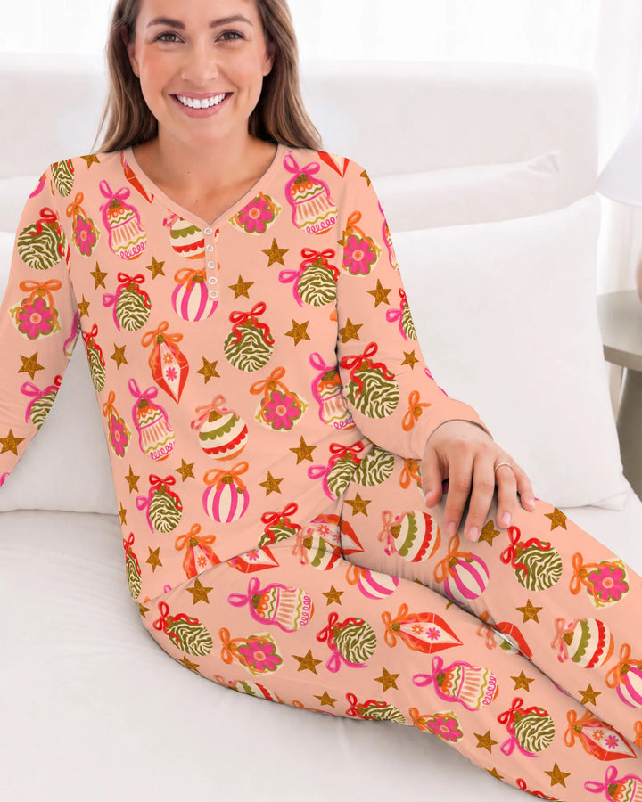Retro Pink Christmas Ornaments Bamboo Women Pajama Set
