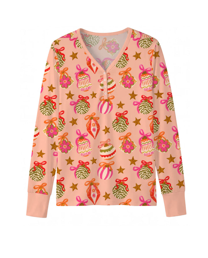 Retro Pink Christmas Ornaments Bamboo Women Pajama Set
