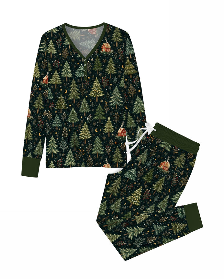 Enchanted Christmas Forest at Night Bamboo Women Pajama Set