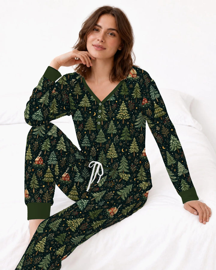 Enchanted Christmas Forest at Night Bamboo Women Pajama Set