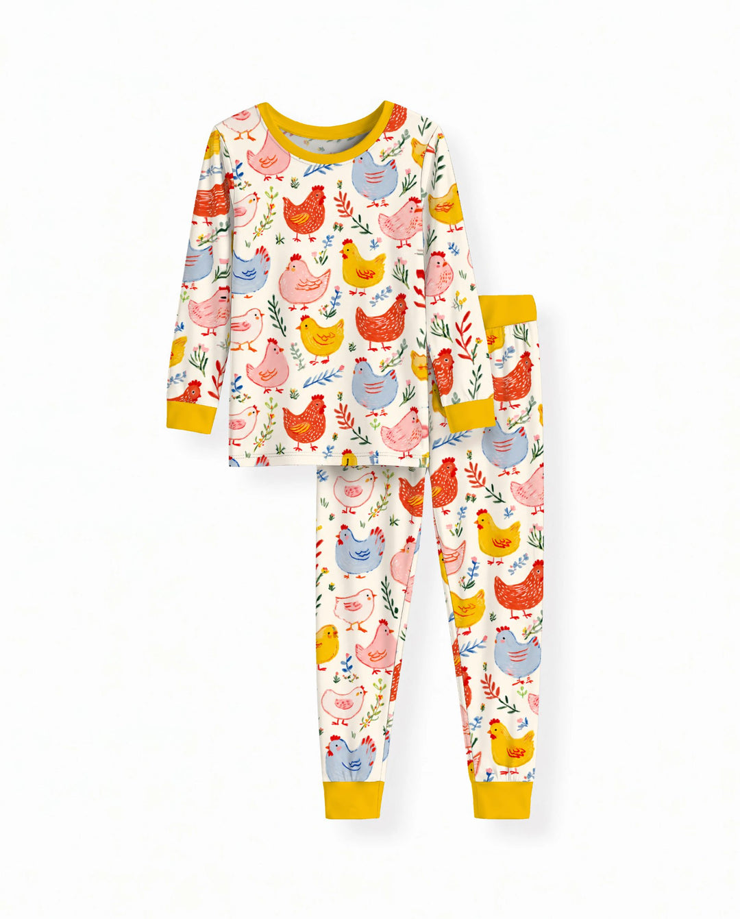 Colorful Farm Chickens and Wildflowers Bamboo Two Piece Long Sleeve Pajama Set