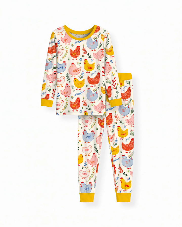 Colorful Farm Chickens and Wildflowers Bamboo Two Piece Long Sleeve Pajama Set