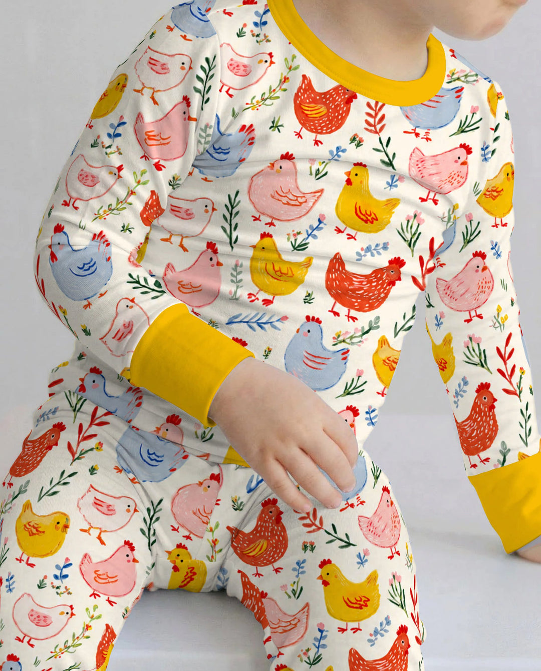 Colorful Farm Chickens and Wildflowers Bamboo Two Piece Long Sleeve Pajama Set