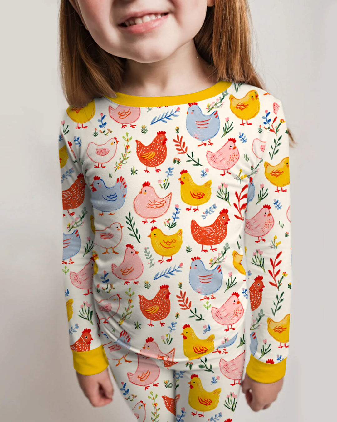 Colorful Farm Chickens and Wildflowers Bamboo Two Piece Long Sleeve Pajama Set