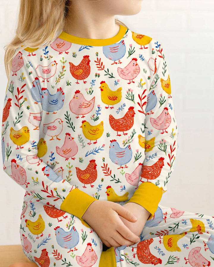 Colorful Farm Chickens and Wildflowers Bamboo Two Piece Long Sleeve Pajama Set