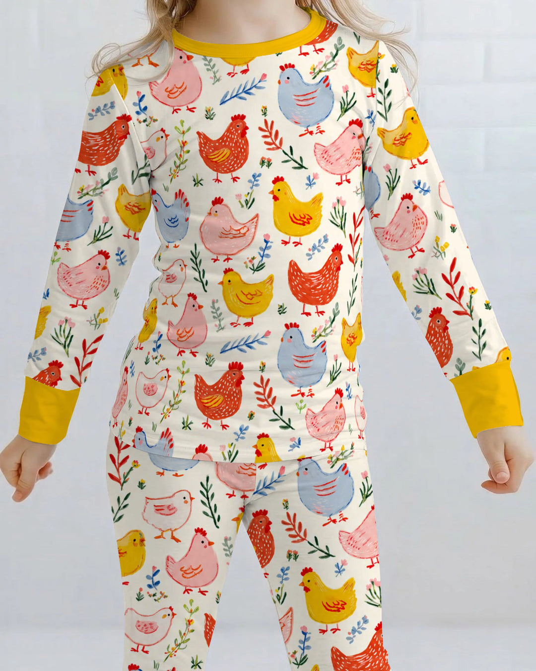 Colorful Farm Chickens and Wildflowers Bamboo Two Piece Long Sleeve Pajama Set
