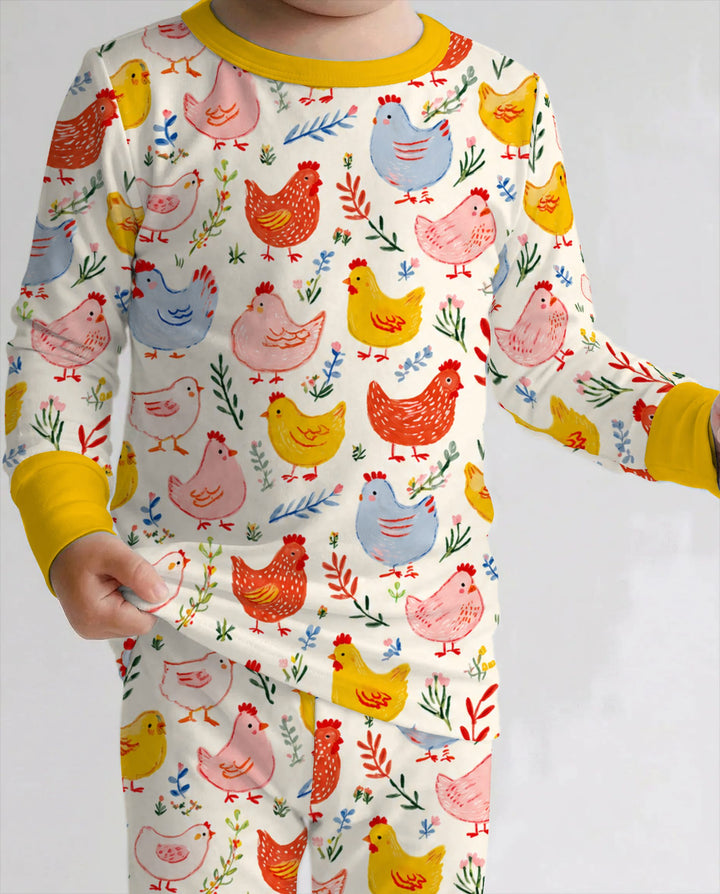 Colorful Farm Chickens and Wildflowers Bamboo Two Piece Long Sleeve Pajama Set
