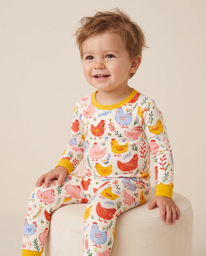 Colorful Farm Chickens and Wildflowers Bamboo Two Piece Long Sleeve Pajama Set