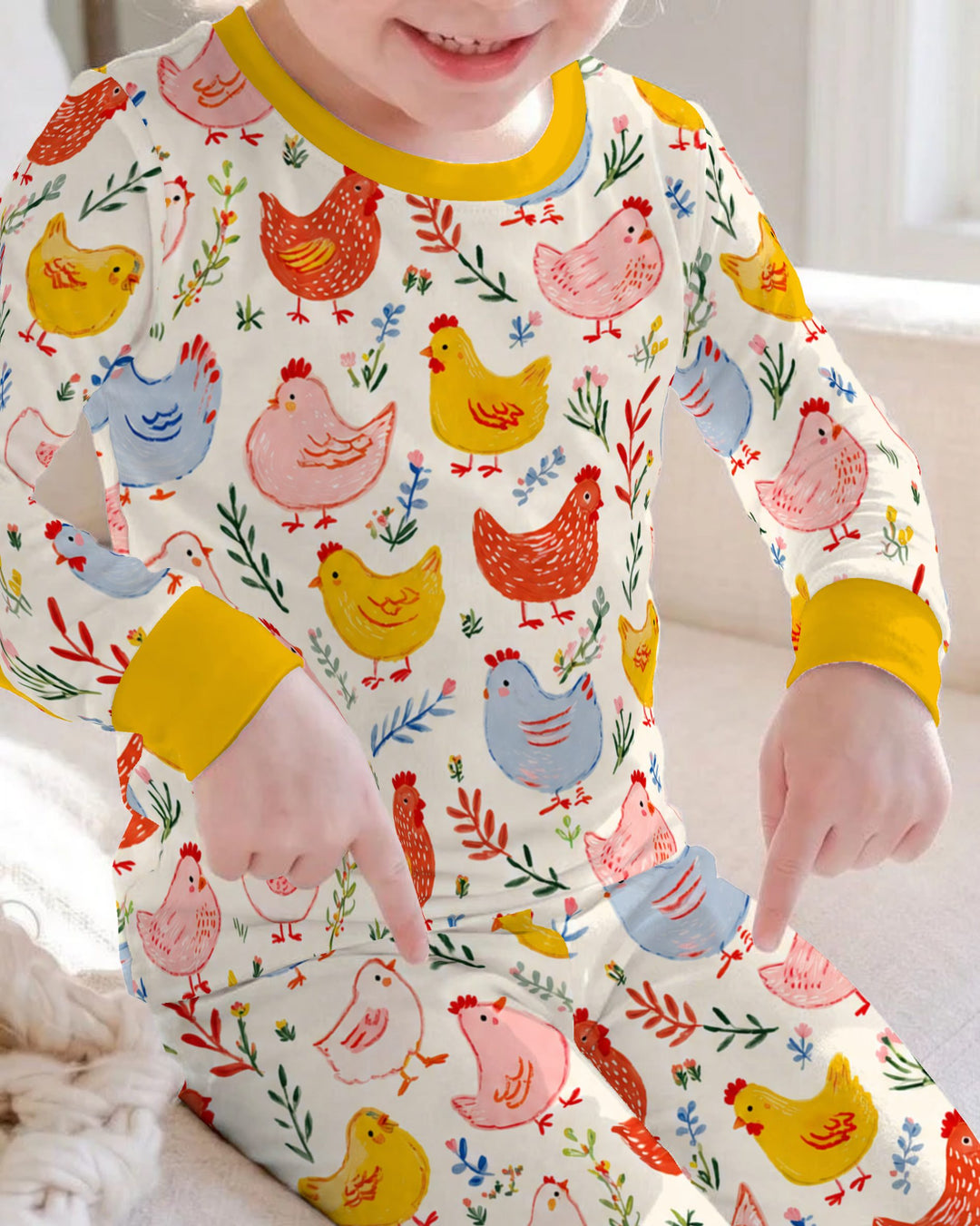 Colorful Farm Chickens and Wildflowers Bamboo Two Piece Long Sleeve Pajama Set