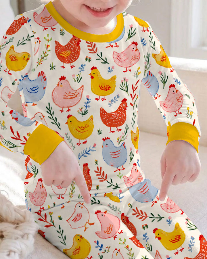 Colorful Farm Chickens and Wildflowers Bamboo Two Piece Long Sleeve Pajama Set