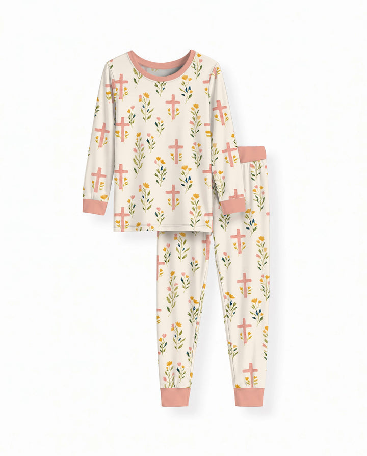 Pastel Floral Crosses Bamboo Two Piece Long Sleeve Pajama Set
