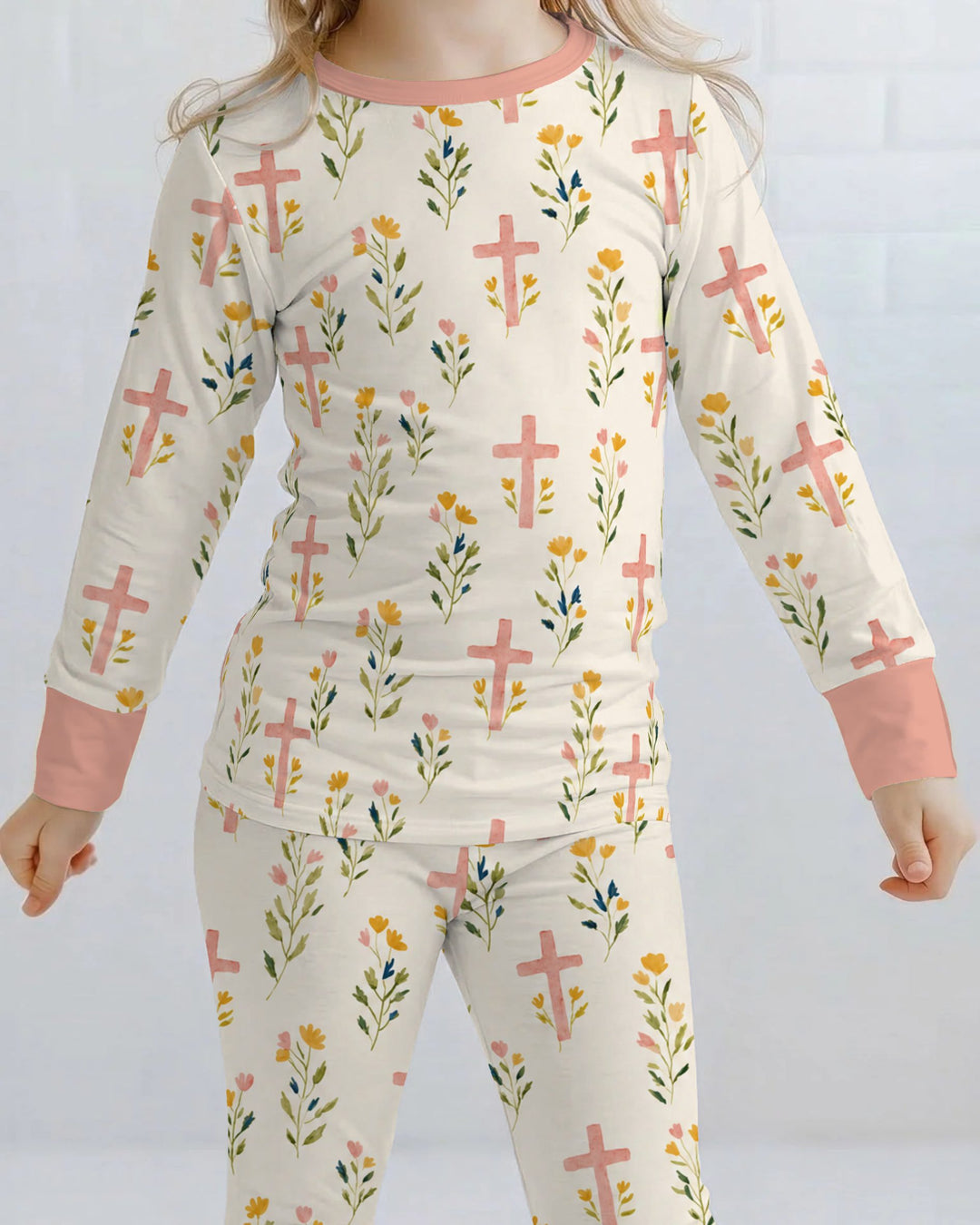 Pastel Floral Crosses Bamboo Two Piece Long Sleeve Pajama Set