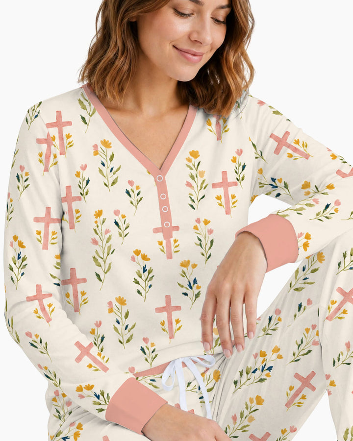 Pastel Floral Crosses Bamboo Women Pajama Set
