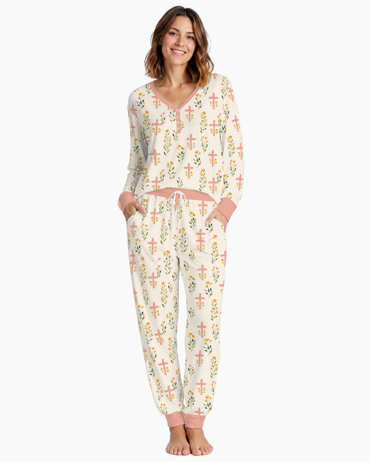 Pastel Floral Crosses Bamboo Women Pajama Set