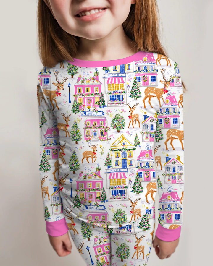 Whimsical Pink Christmas Village Bamboo Two Piece Long Sleeve Pajama Set