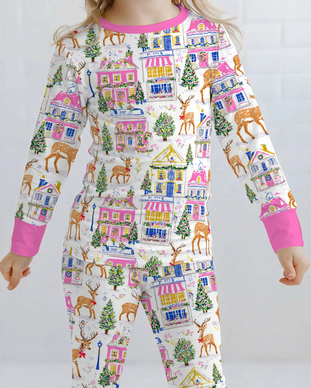 Whimsical Pink Christmas Village Bamboo Two Piece Long Sleeve Pajama Set