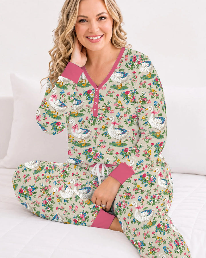 Vintage White Goose Floral Garden Bamboo Women Pajama Set