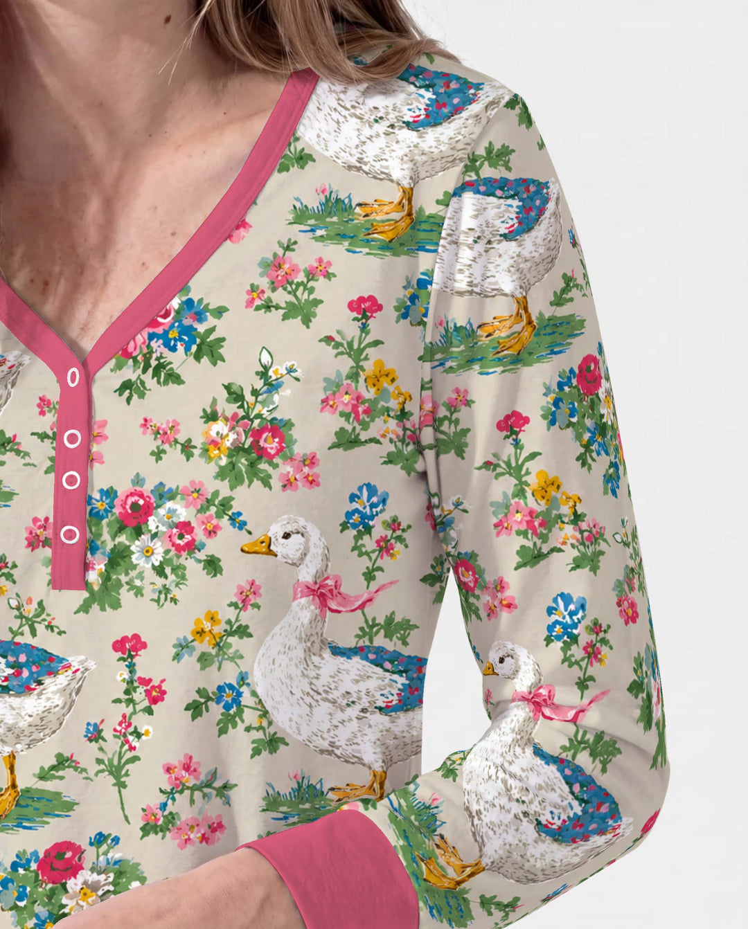 Vintage White Goose Floral Garden Bamboo Women Pajama Set