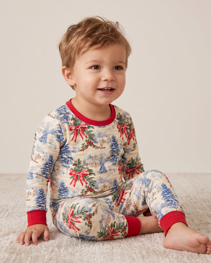 Vintage Snowy Christmas Countryside Bamboo Two Piece Long Sleeve Pajama Set