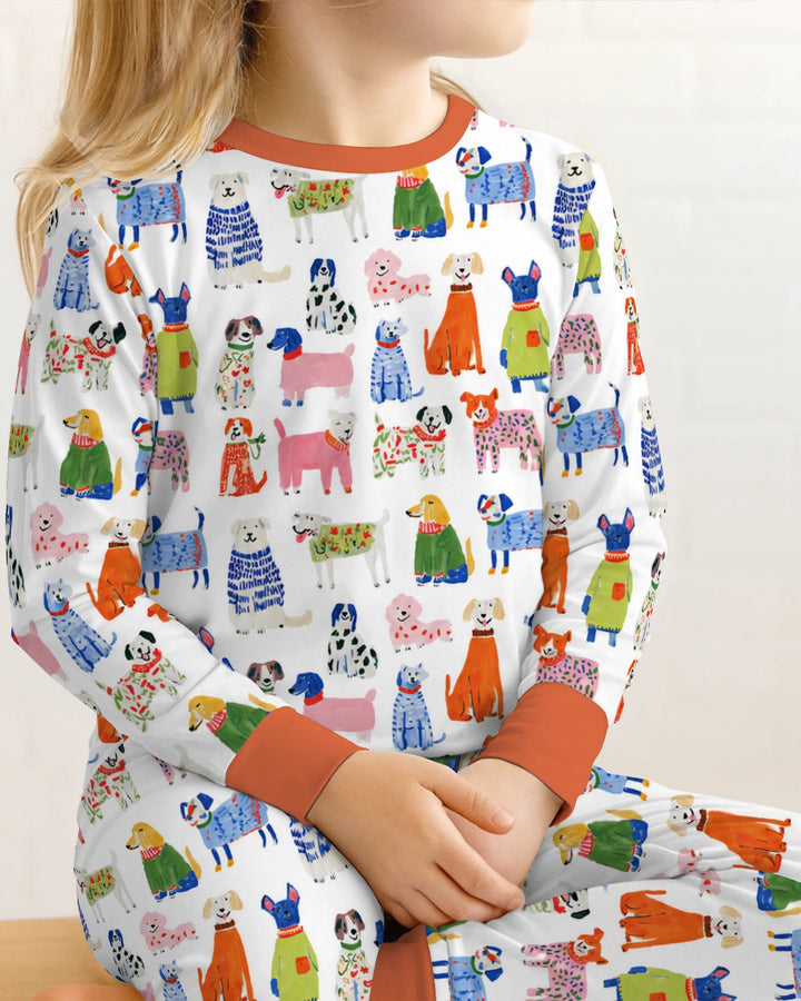Colorful Christmas Sweater Dogs Bamboo Two Piece Long Sleeve Pajama Set