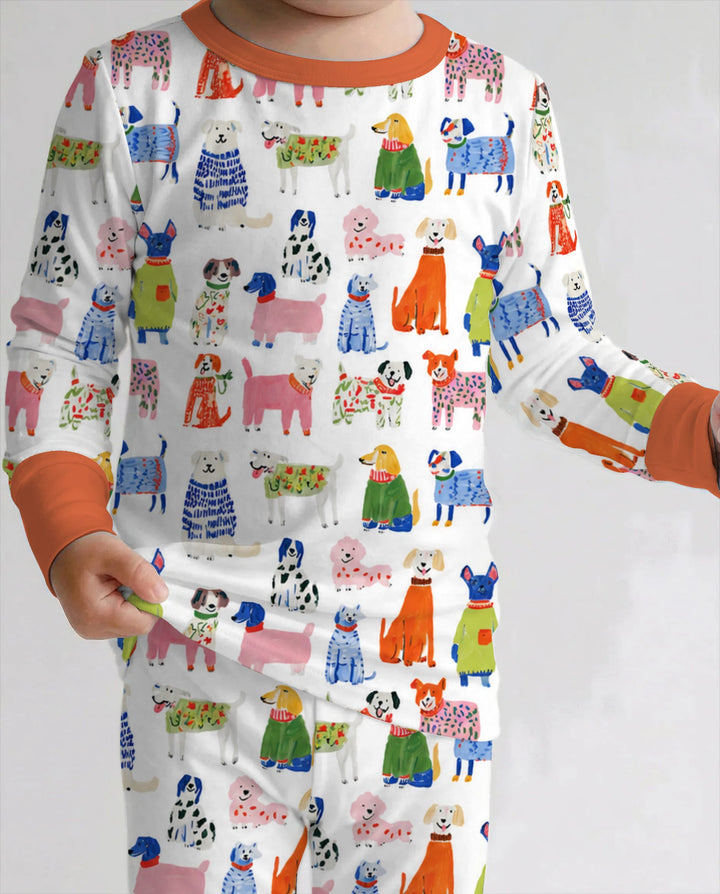Colorful Christmas Sweater Dogs Bamboo Two Piece Long Sleeve Pajama Set