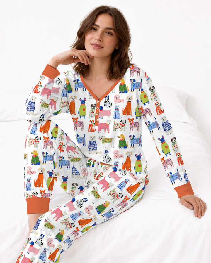 Colorful Christmas Sweater Dogs Bamboo Women Pajama Set