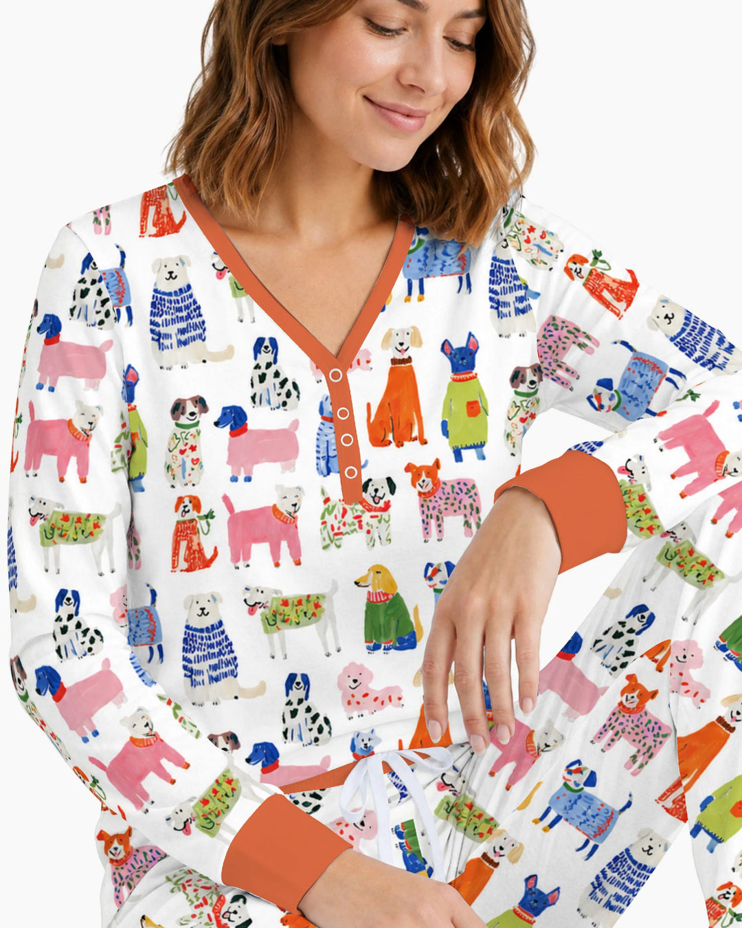 Colorful Christmas Sweater Dogs Bamboo Women Pajama Set