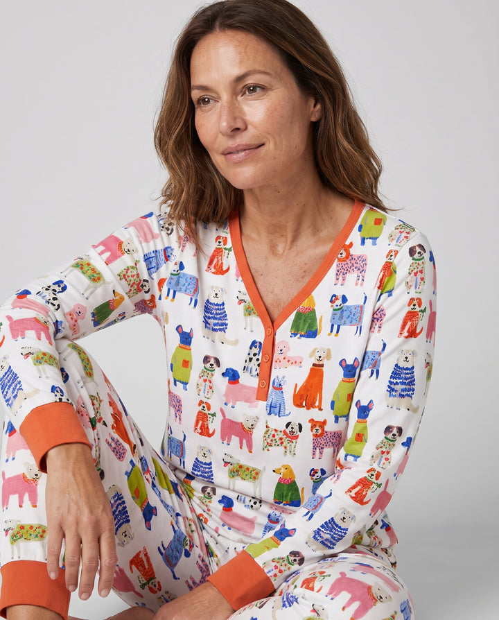 Colorful Christmas Sweater Dogs Bamboo Women Pajama Set
