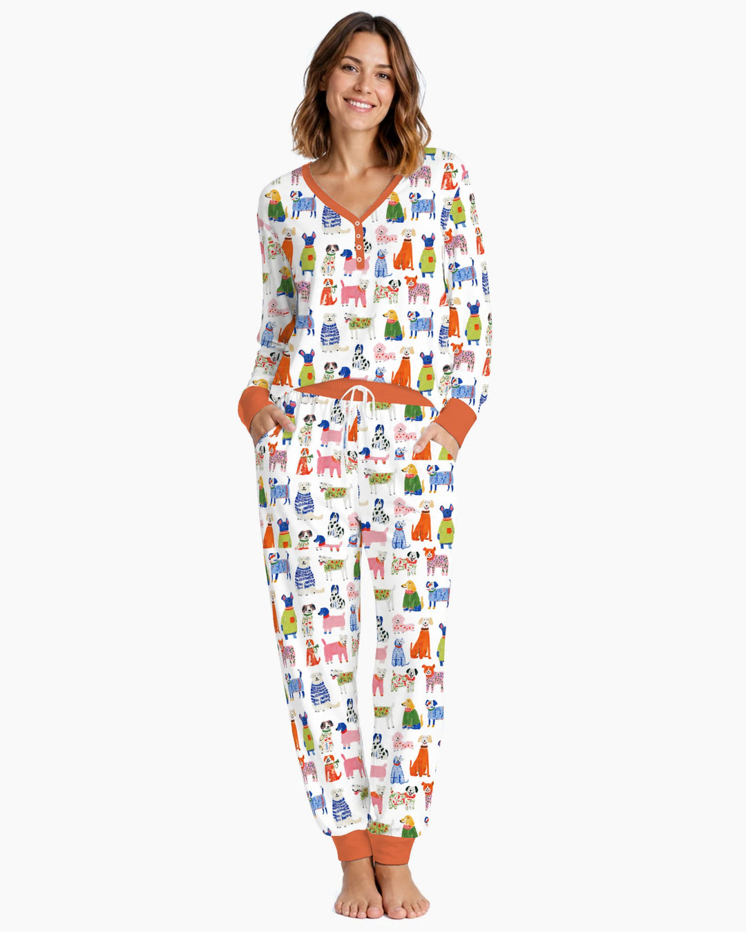 Colorful Christmas Sweater Dogs Bamboo Women Pajama Set