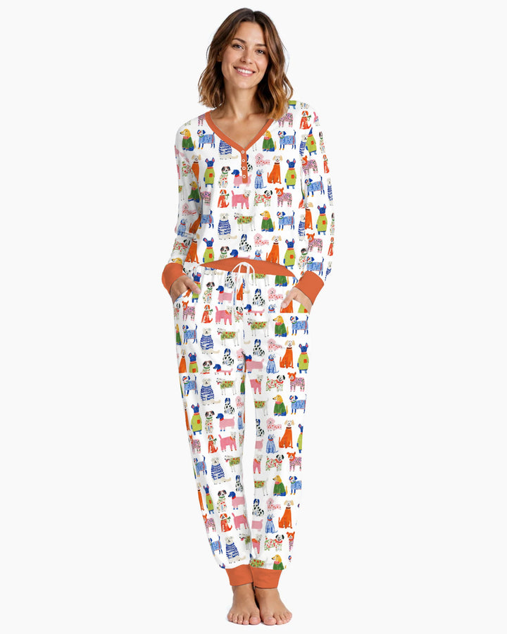 Colorful Christmas Sweater Dogs Bamboo Women Pajama Set