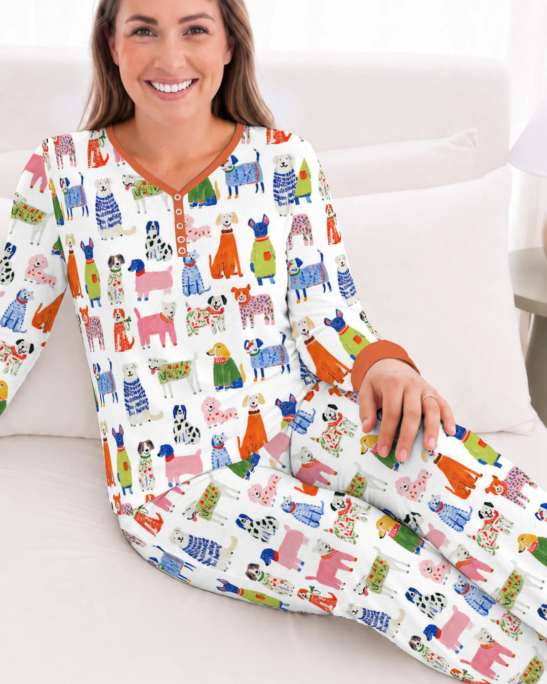 Colorful Christmas Sweater Dogs Bamboo Women Pajama Set