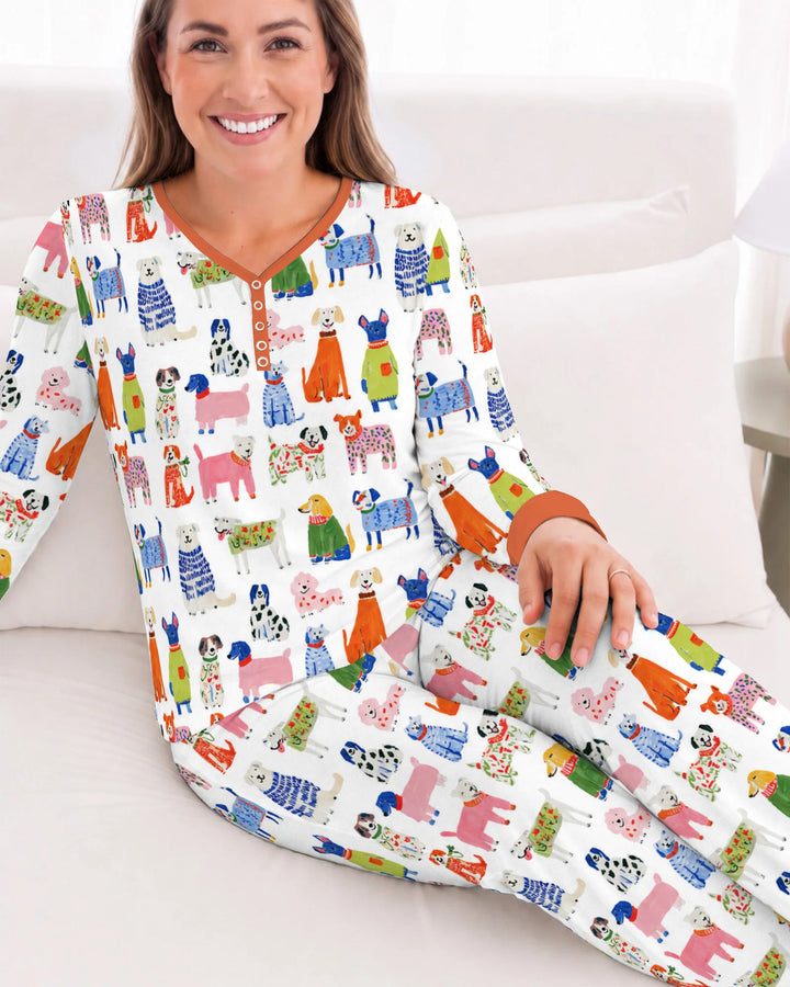 Colorful Christmas Sweater Dogs Bamboo Women Pajama Set