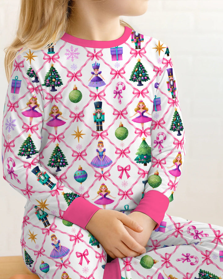 Sugar Plum Nutcracker Christmas Bow Lattice Bamboo Two Piece Long Sleeve Pajama Set