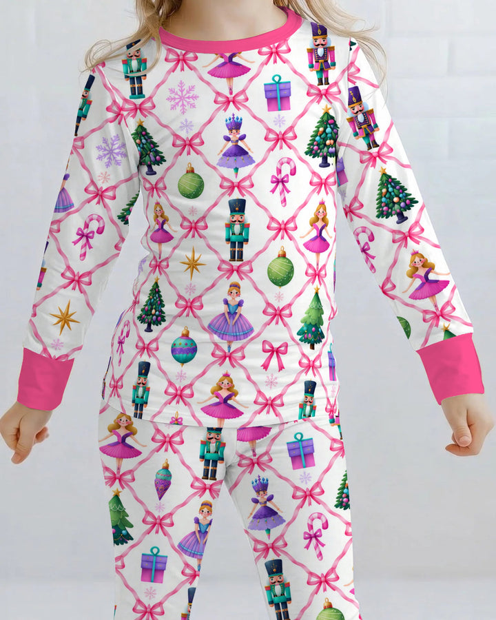 Sugar Plum Nutcracker Christmas Bow Lattice Bamboo Two Piece Long Sleeve Pajama Set