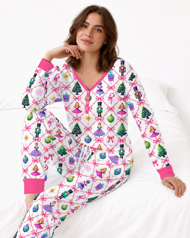 Sugar Plum Nutcracker Christmas Bow Lattice Bamboo Women Pajama Set
