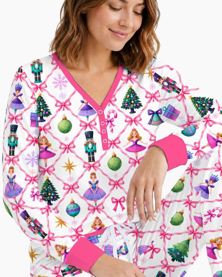 Sugar Plum Nutcracker Christmas Bow Lattice Bamboo Women Pajama Set