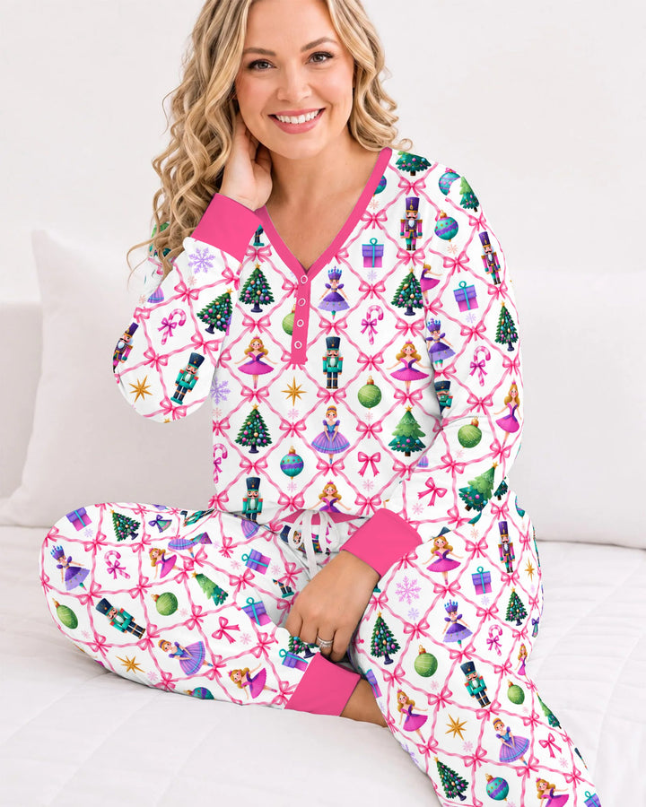 Sugar Plum Nutcracker Christmas Bow Lattice Bamboo Women Pajama Set