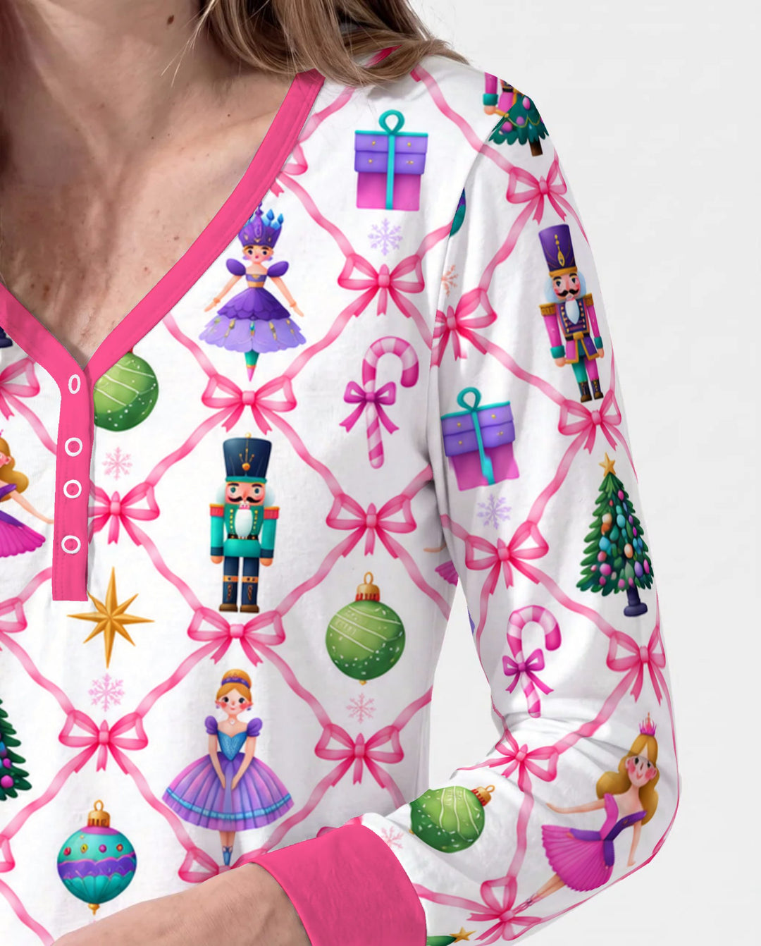 Sugar Plum Nutcracker Christmas Bow Lattice Bamboo Women Pajama Set