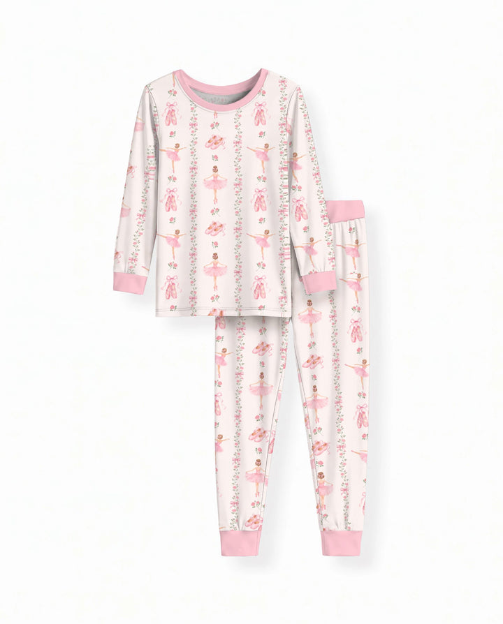 Pink Ballerina Rose Bow Stripe Bamboo Two Piece Long Sleeve Pajama Set
