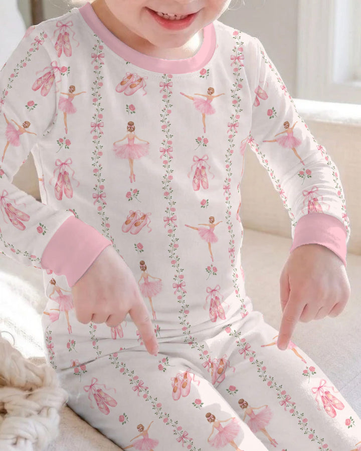 Pink Ballerina Rose Bow Stripe Bamboo Two Piece Long Sleeve Pajama Set
