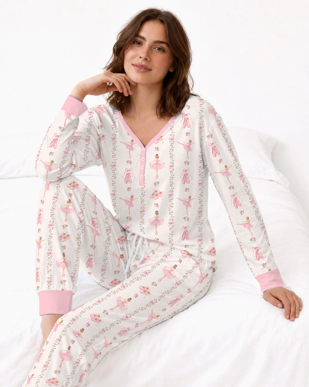 Pink Ballerina Rose Bow Stripe Bamboo Women Pajama Set