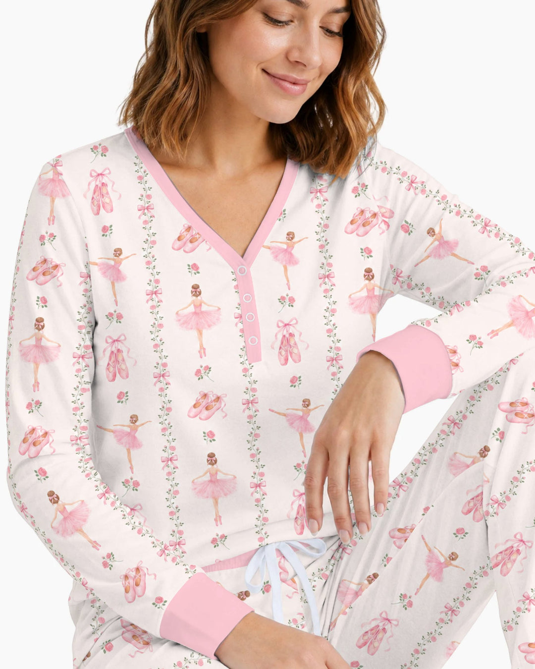 Pink Ballerina Rose Bow Stripe Bamboo Women Pajama Set