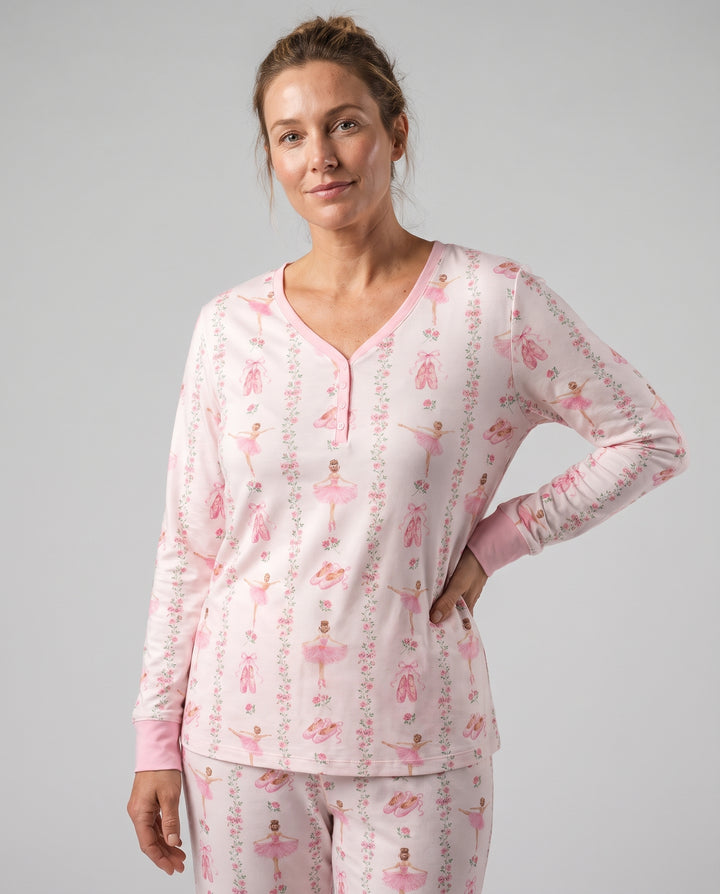Pink Ballerina Rose Bow Stripe Bamboo Women Pajama Set
